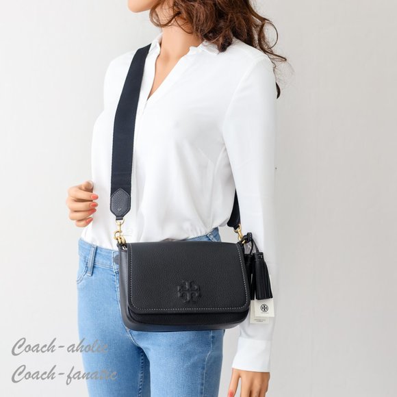 NWT Tory Burch Thea Web Flap Pebbled Leather Crossbody in Black - Picture 3 of 16